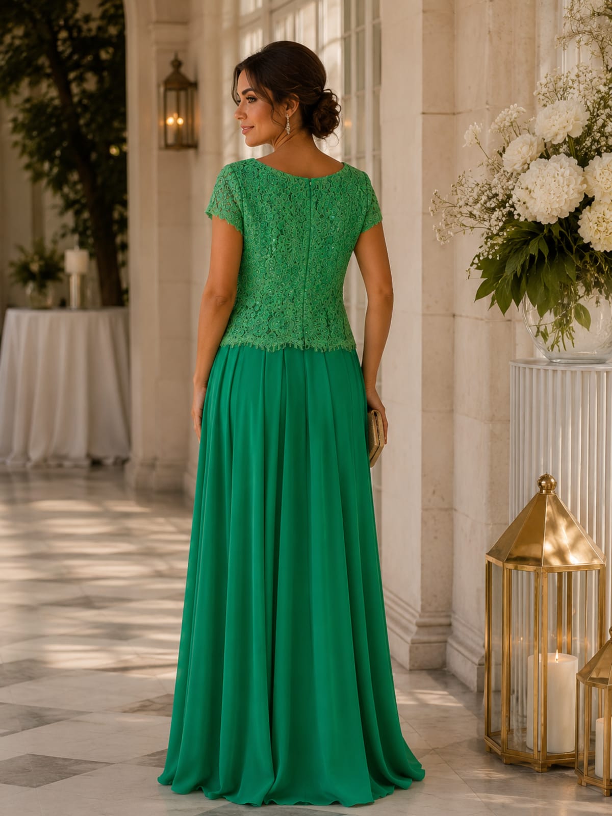 Hasna — robe longue manches courtes dentelle pierres jupe mousseline