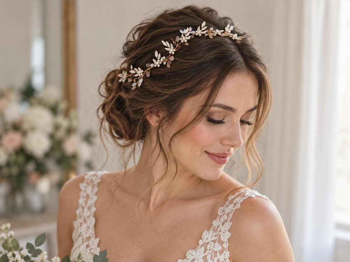 Bijoux de tête dorée à perles et cristaux irisés avec feuillage
