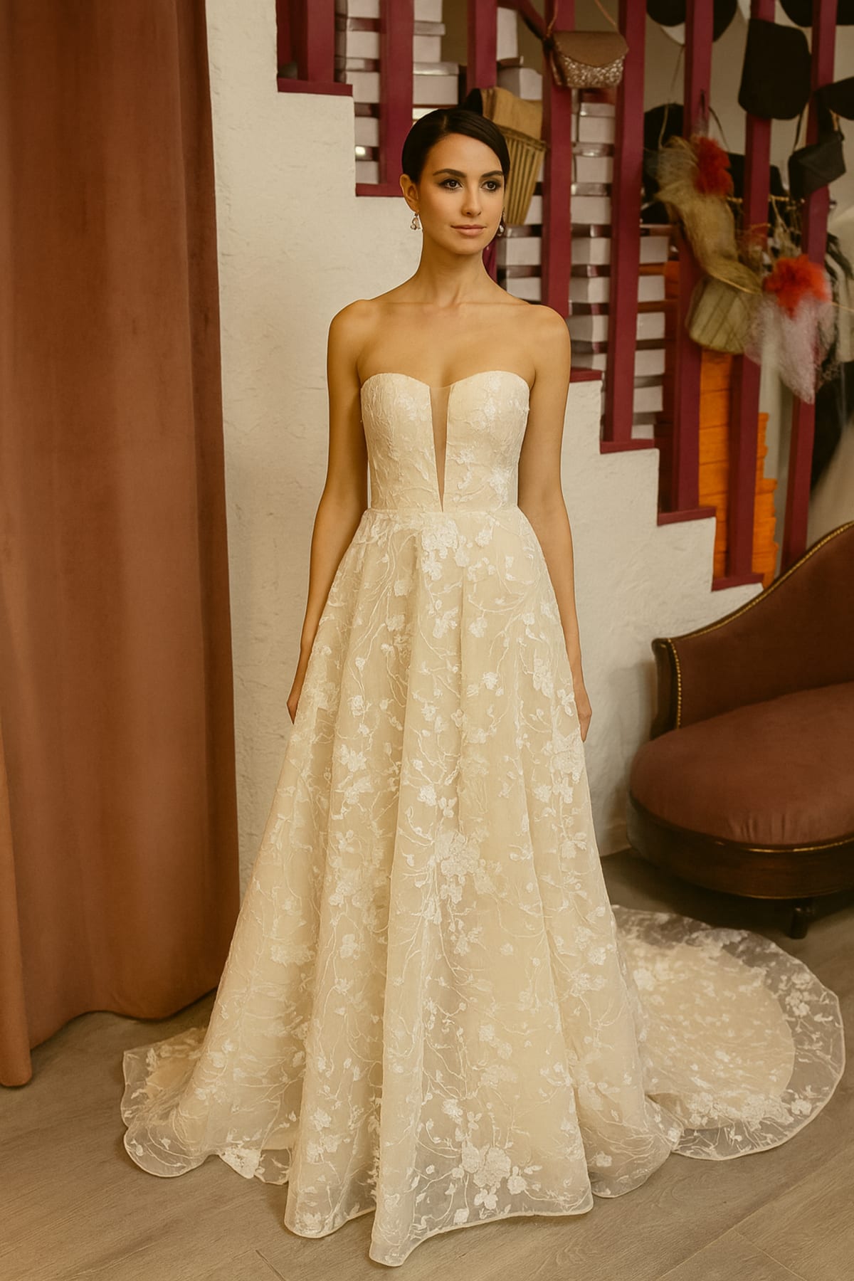 Armelle — robe longue bustier dentelle ivoire fond beige rosé