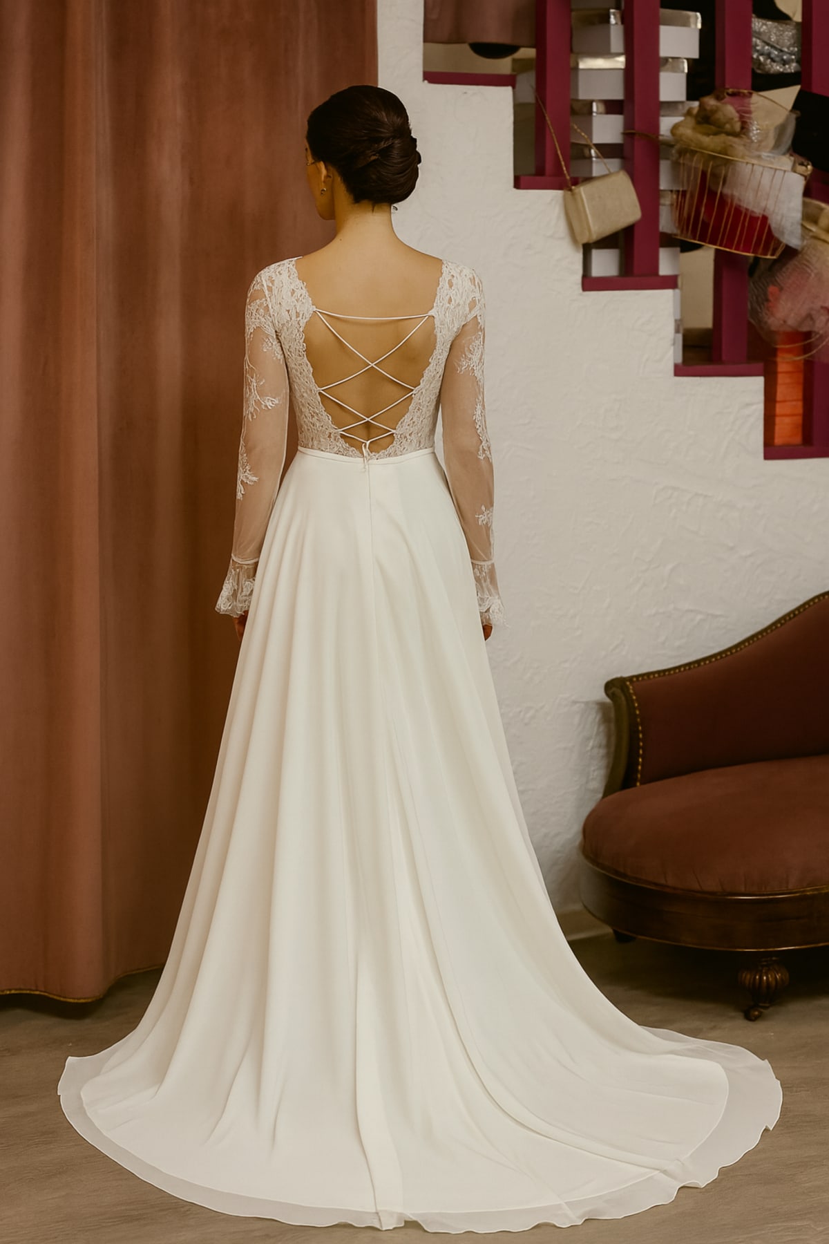 Aelis — robe longue fluide bustier dentelle manches longues