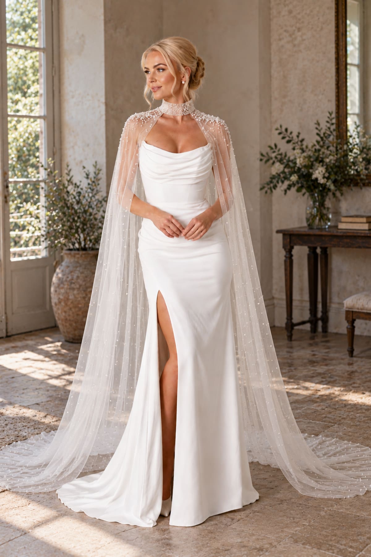 Cape de mariée longue en tulle ornée de perle