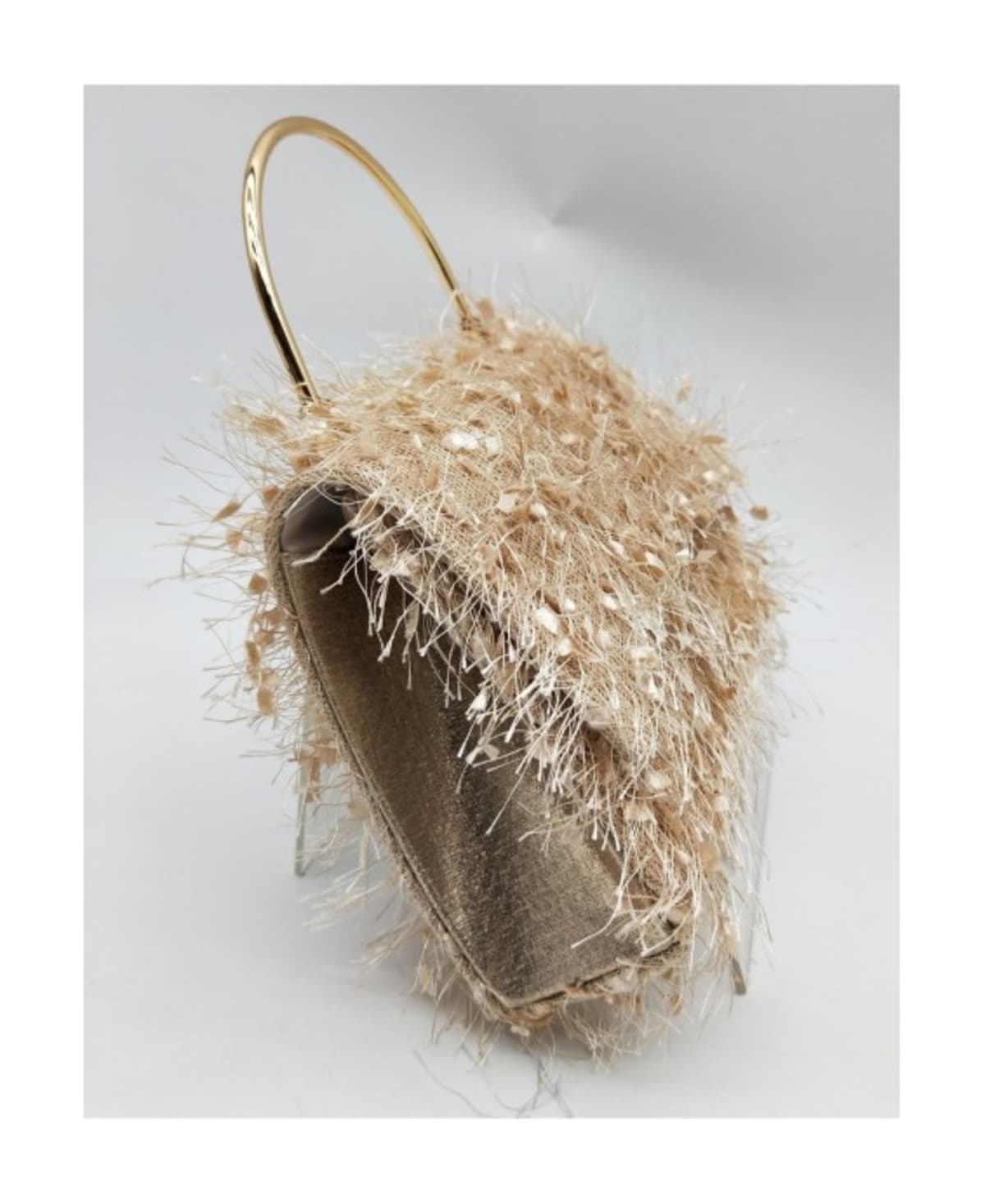 POCHETTE BXQ-278 pochette rigide textile fantaisie effet plume anse métallique dorée