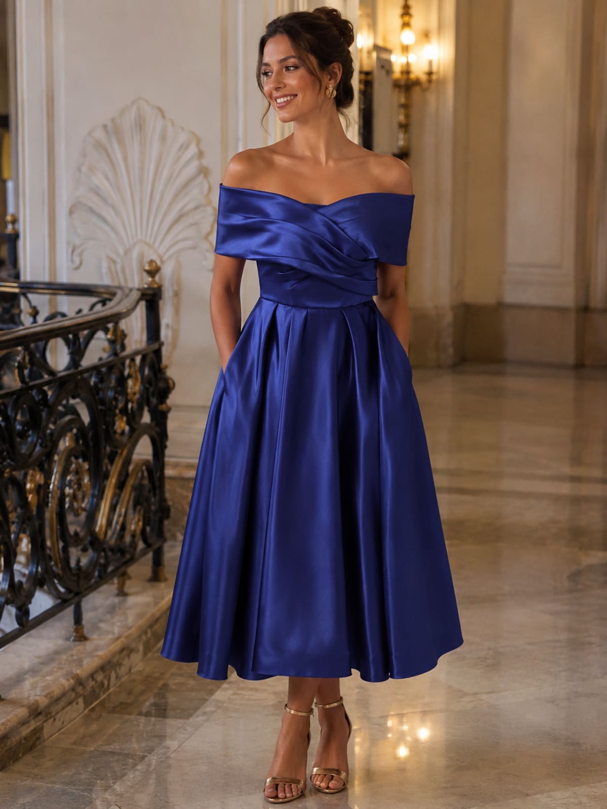 Cécilia — robe 3/4 bustier épaules dénudées plissé croisé laçage dos satin poches