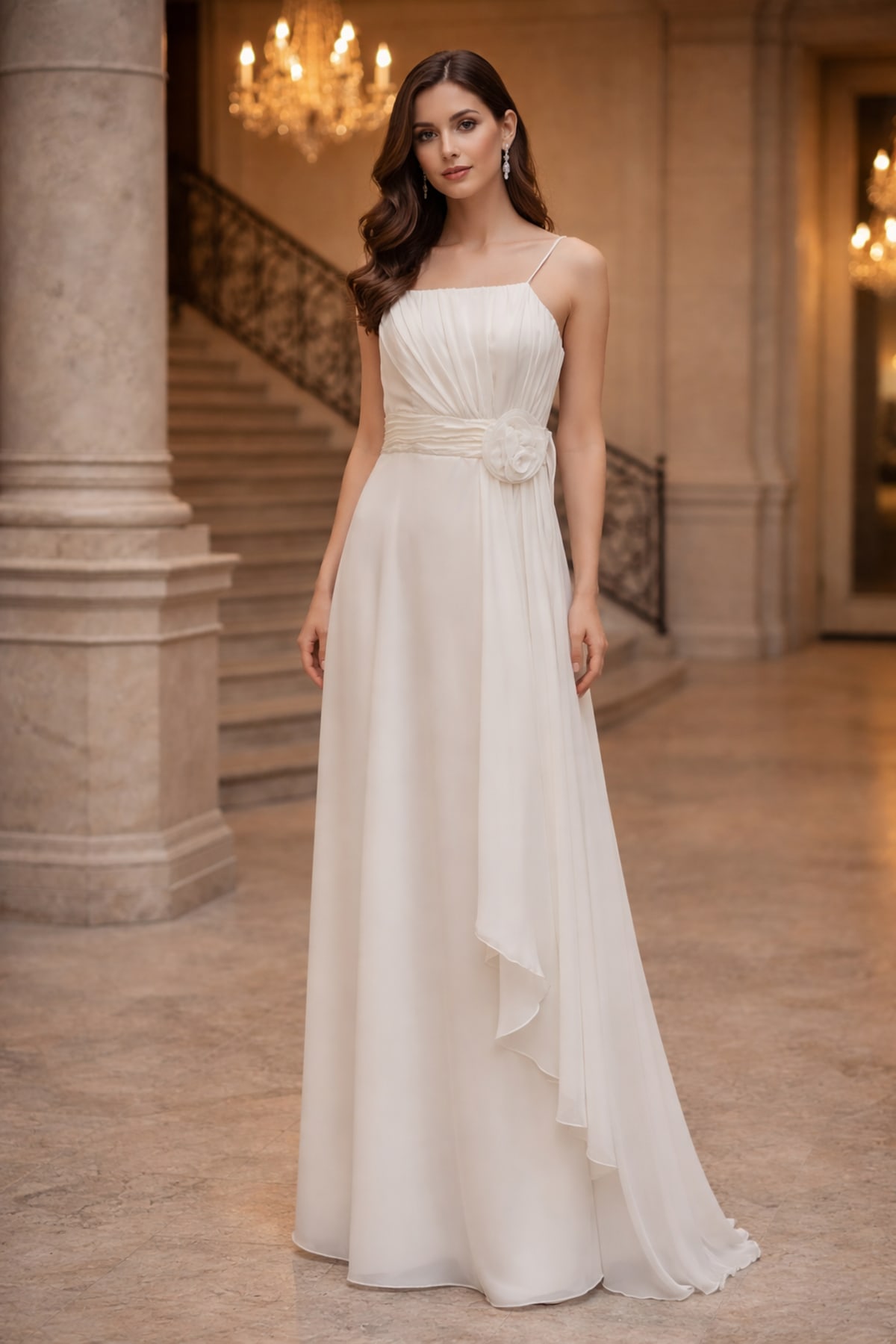 Annick robe longue satin fluide drapé ceinture fleur