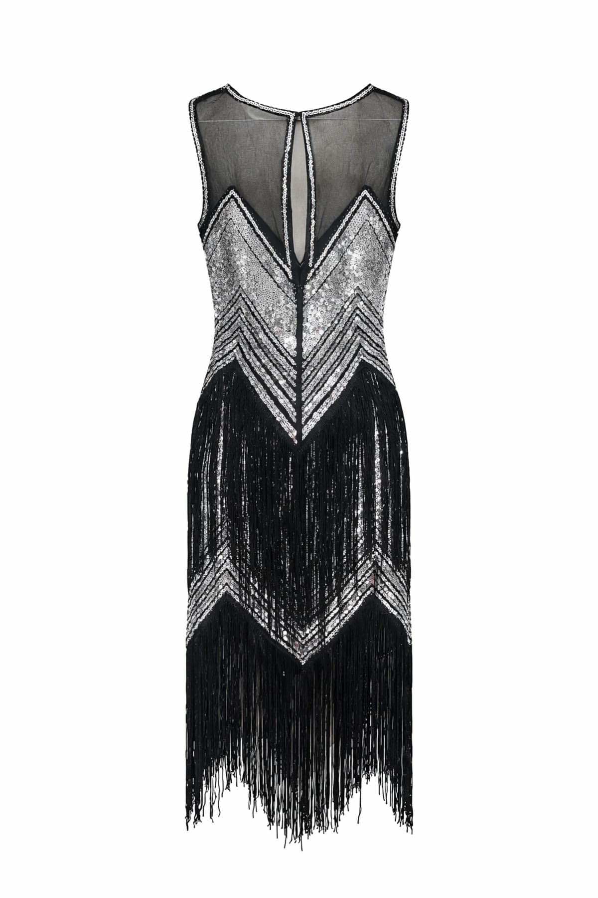 Suzanne — robe mi-longue tulle sequins franges décolleté transparent