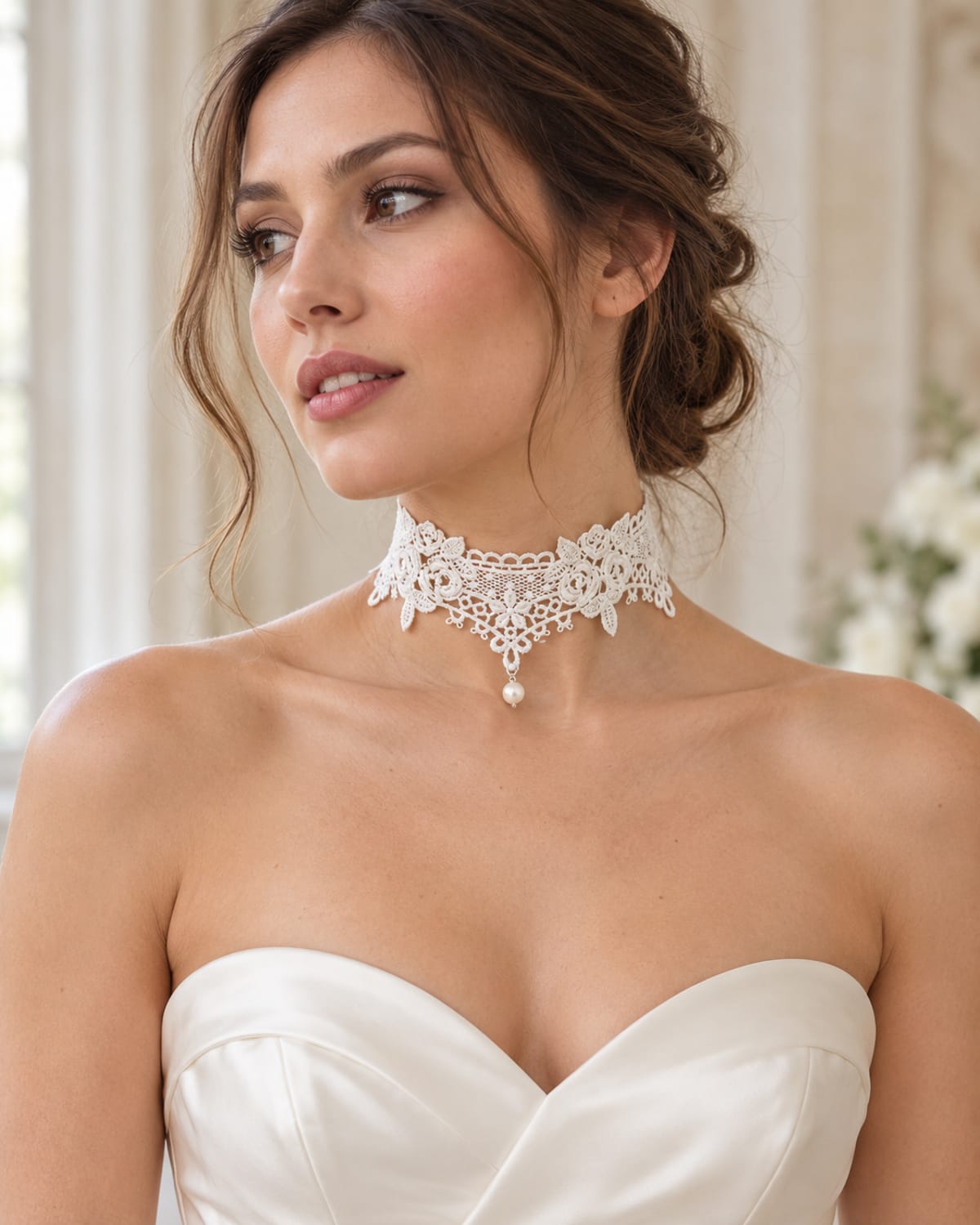 Collier ras-du-cou en dentelle florale blanche avec perle pendante