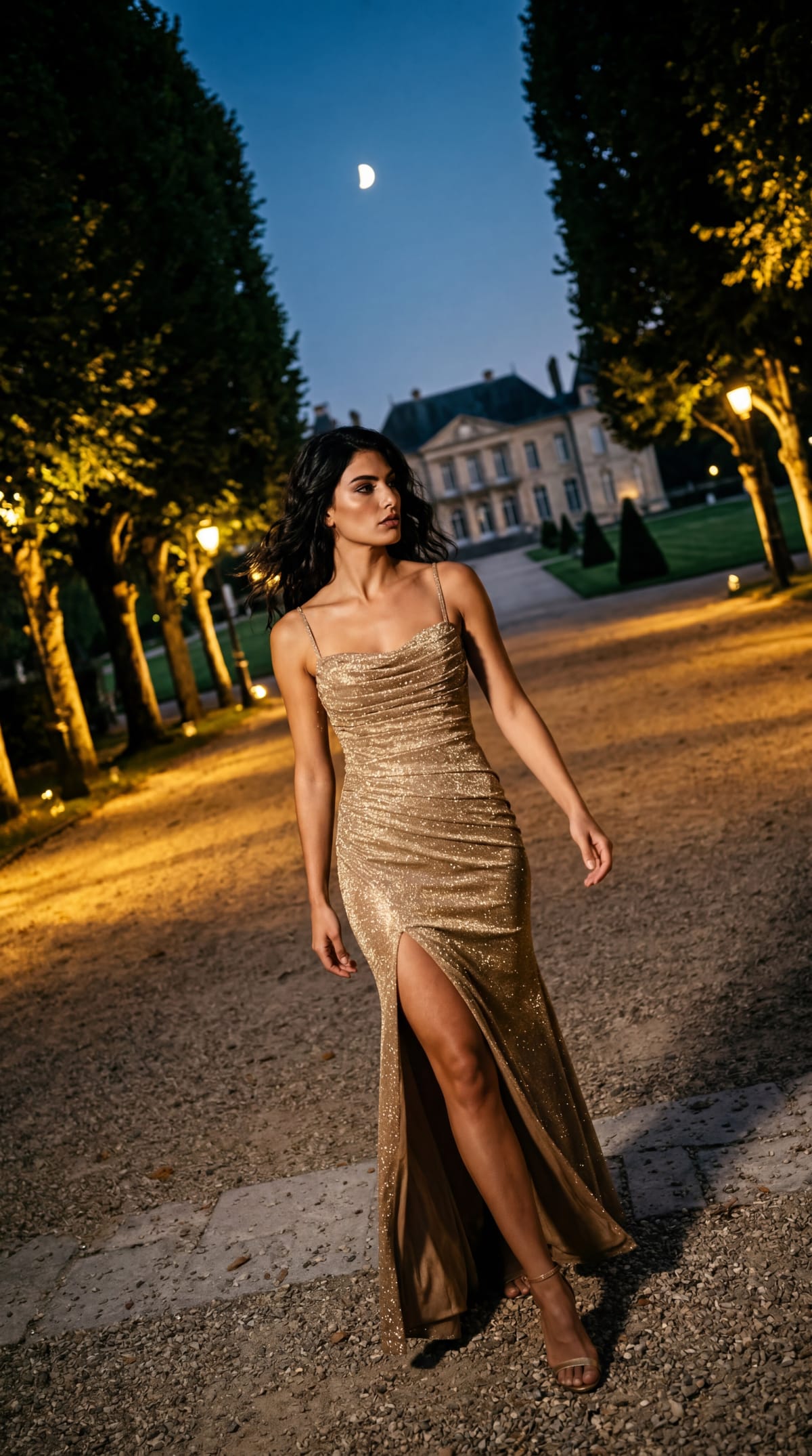 Mirella - Robe longue champagne pailletée – drapée, fines bretelles et fente haute