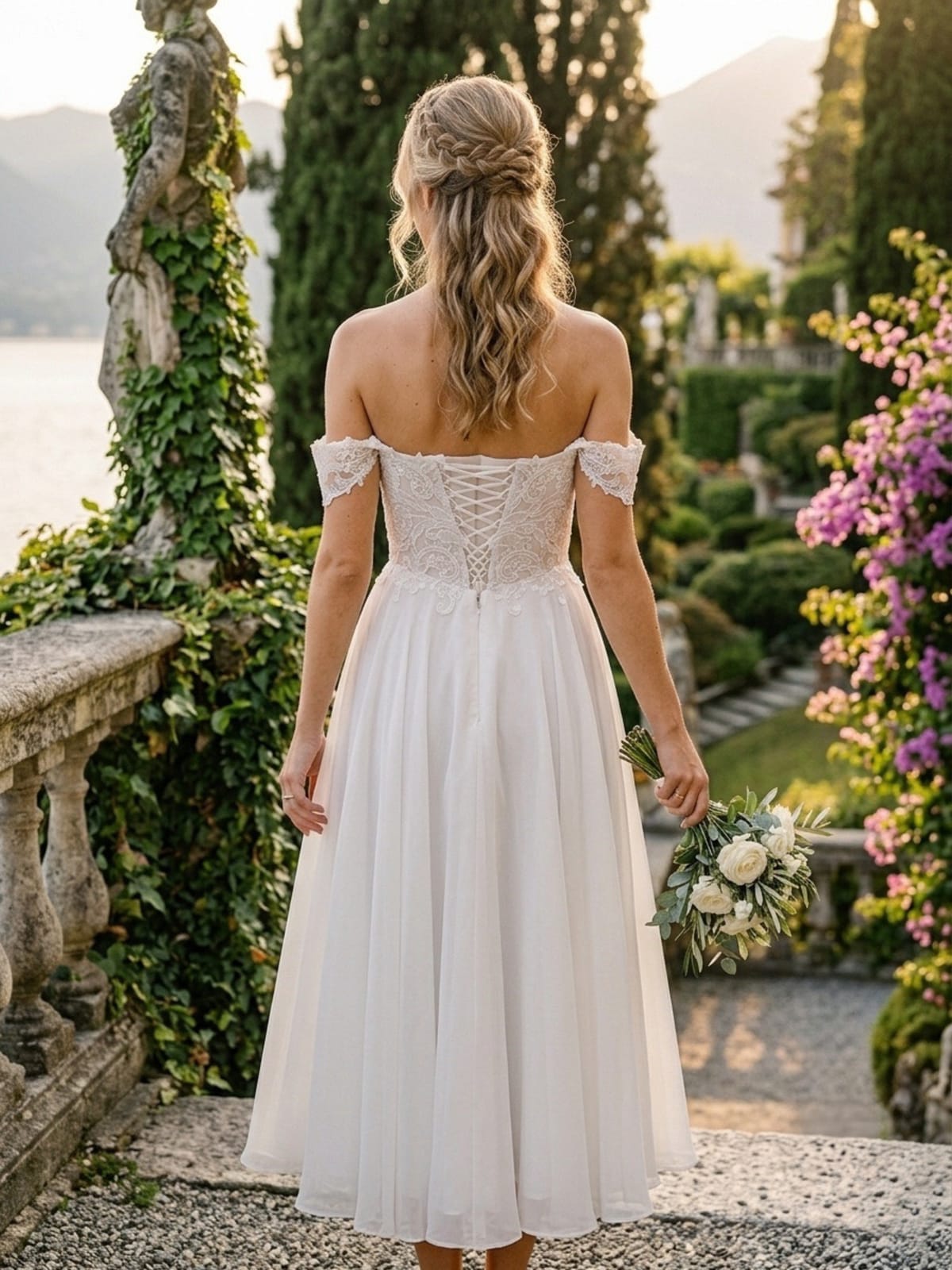 Béryl - Robe de mariée midi en mousseline fluide, bustier en dentelle brodée et épaules dénudées