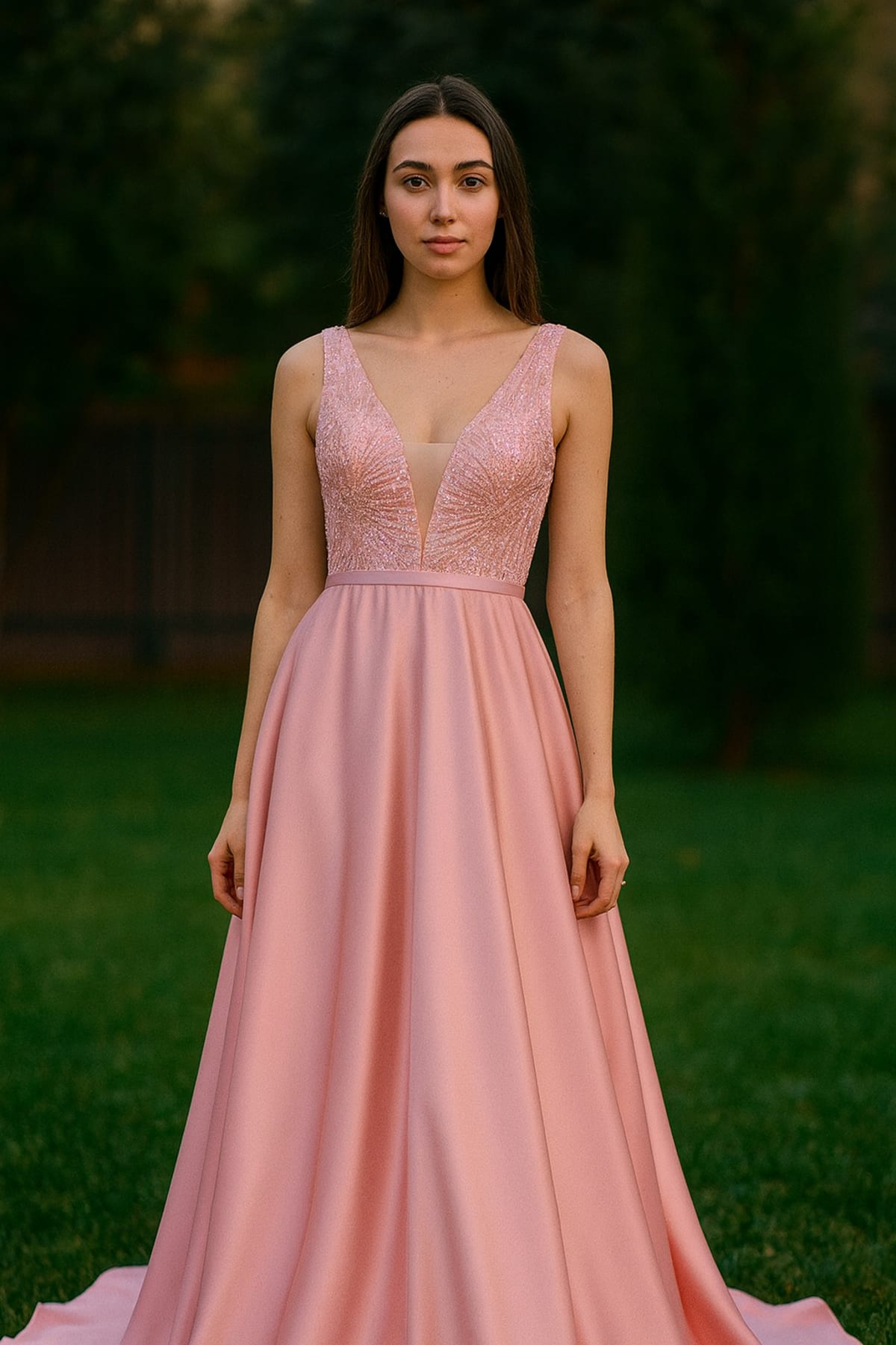 Ciara — robe longue satin fluide décolleté V paillettes perles