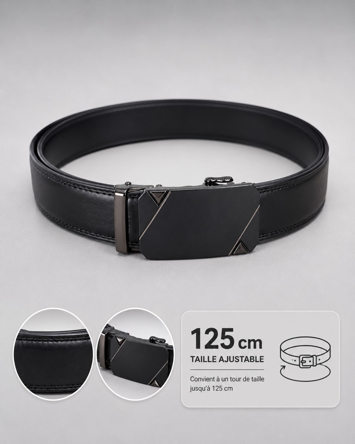 Ceinture homme noire ajustable boucle rectangulaire en métal noir détails métalliques