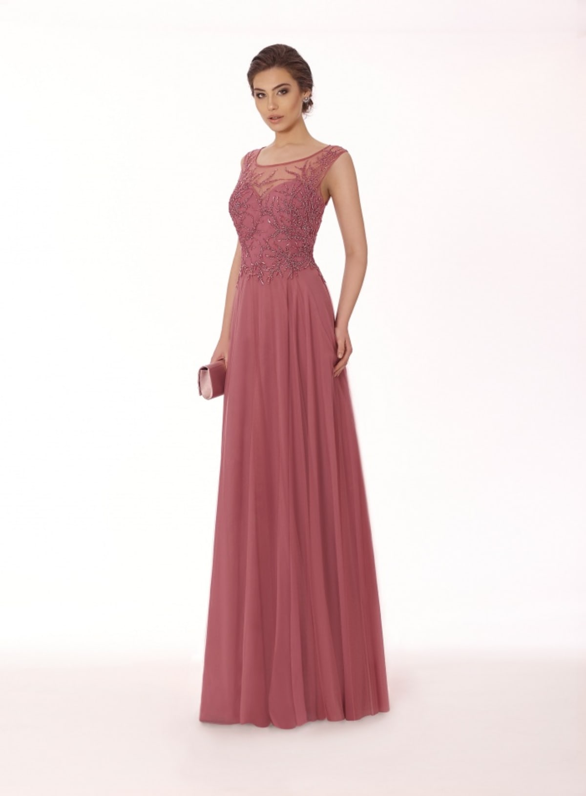 Stéphanie — robe longue tulle col rond bustier perlé