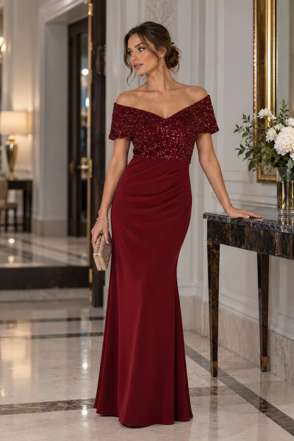 Bryana - Robe longue de soirée à bustier pailleté, épaules dénudées et jupe drapée