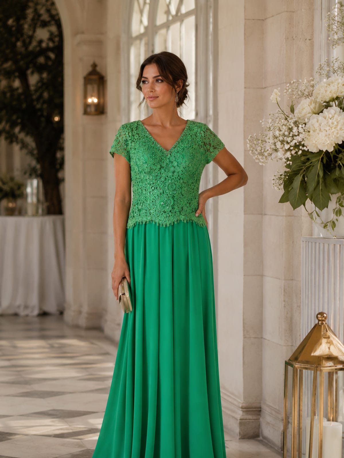 Hasna — robe longue manches courtes dentelle pierres jupe mousseline