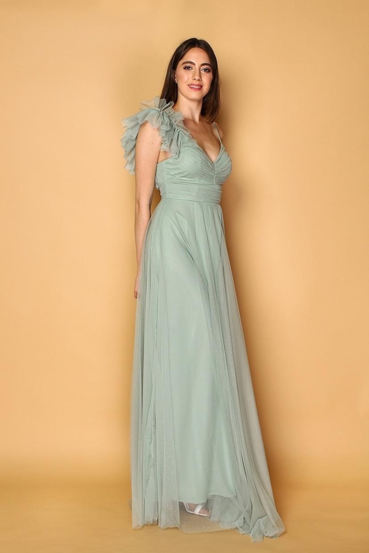 Yasmina — robe longue tulle décolleté V plissé taille fines bretelles