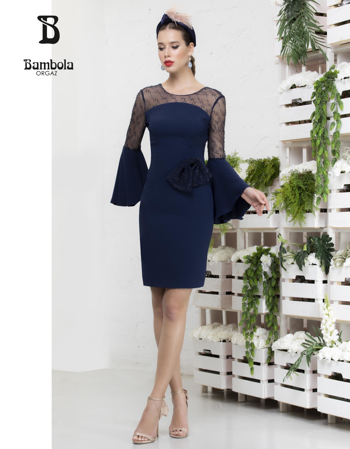 Orgaz — robe cocktail bleu marine droite manches tulle perlé