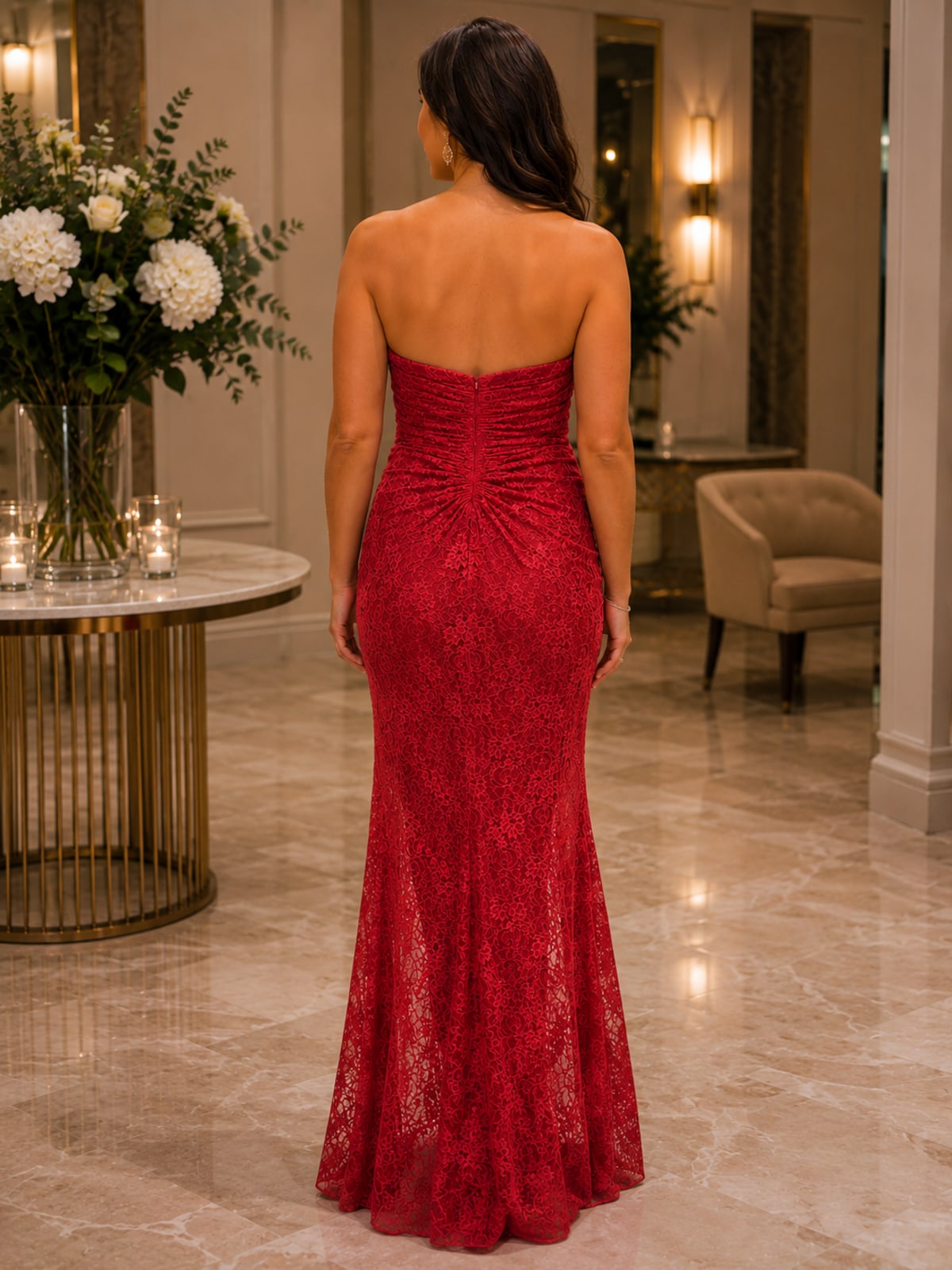 Anne-Marie robe longue bustier dentelle drapé perles strass