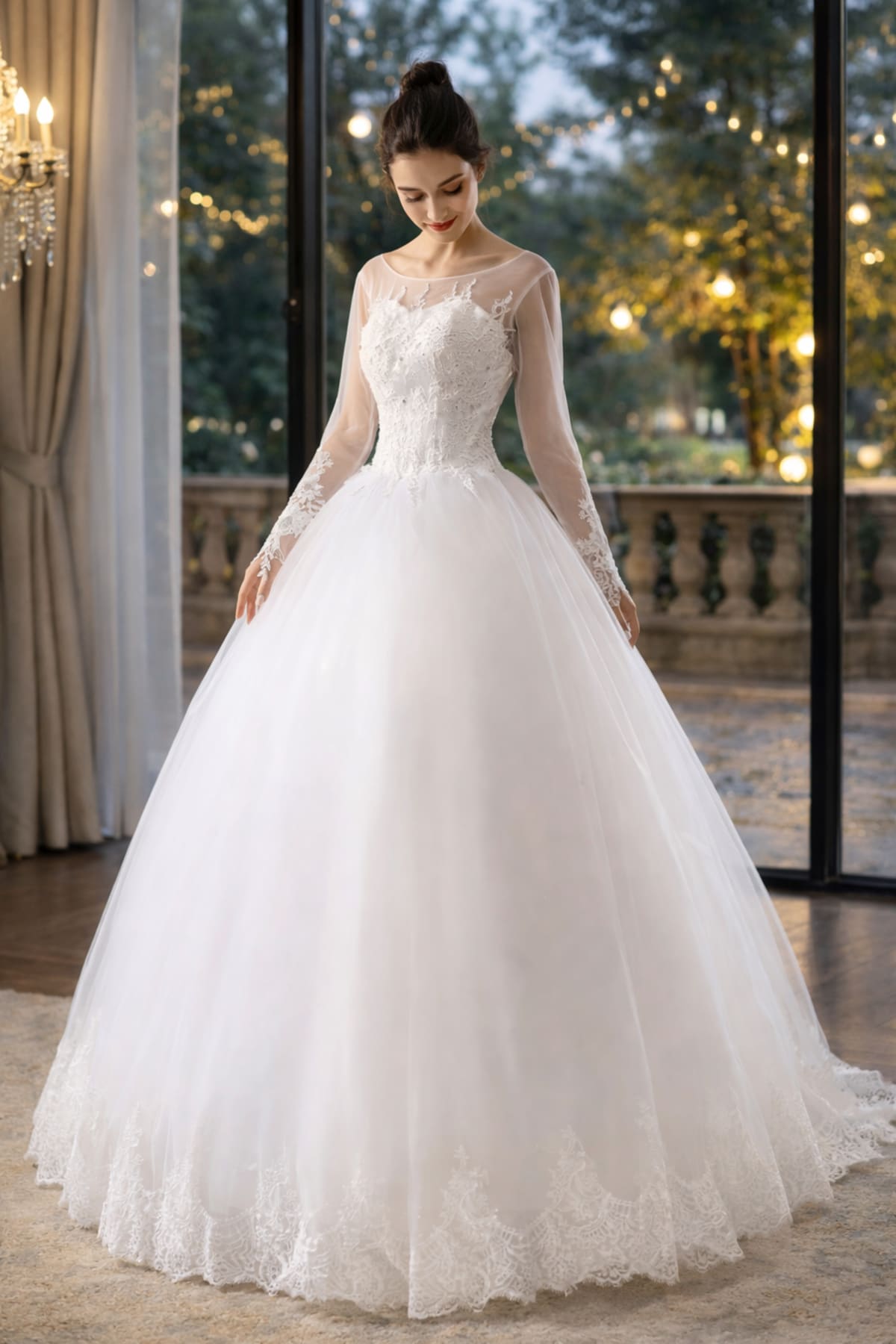 Gwennola — robe de mariée longue princesse dentelle et tulle manches longues strass