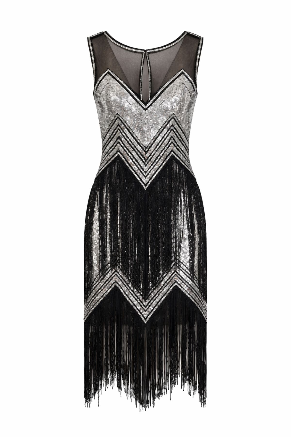 Suzanne — robe mi-longue tulle sequins franges décolleté transparent