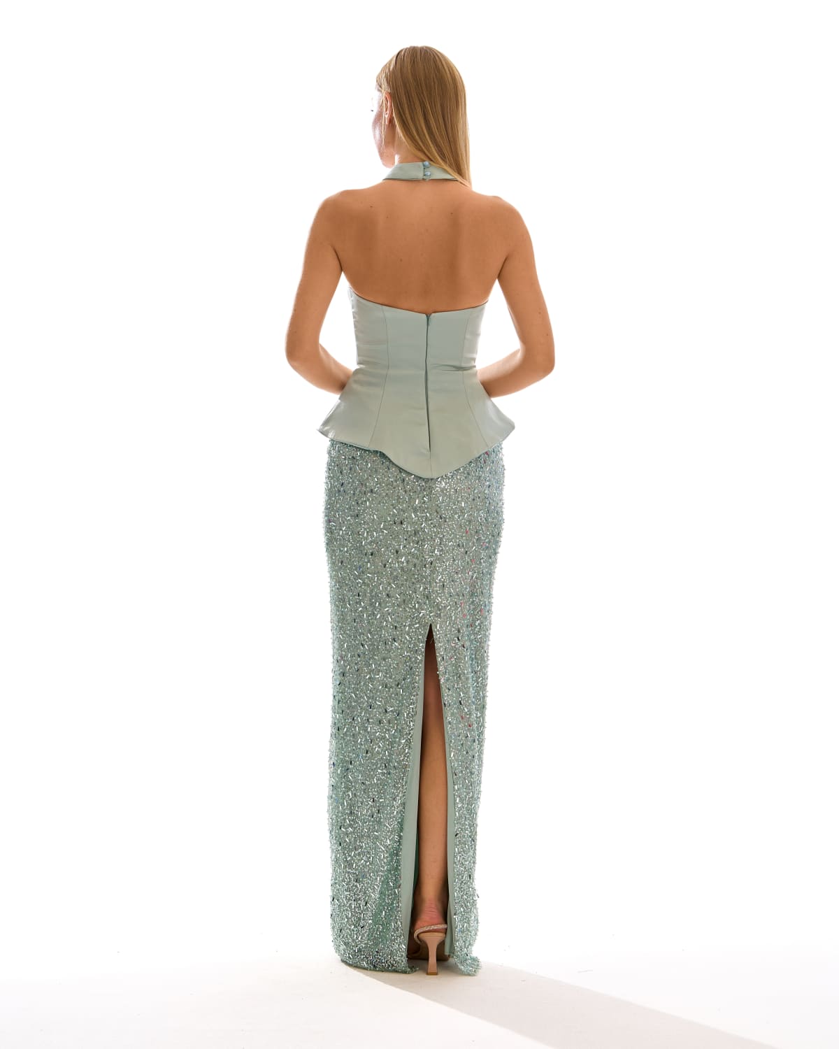 Donia - Robe longue bustier à sequins vert d’eau