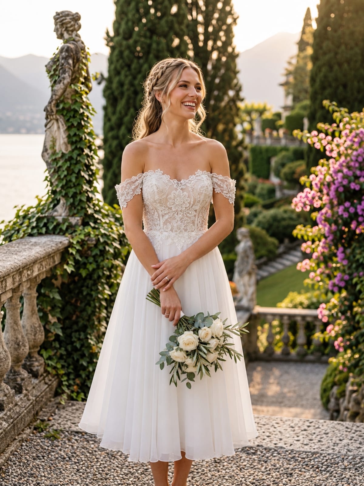 Béryl - Robe de mariée midi en mousseline fluide, bustier en dentelle brodée et épaules dénudées