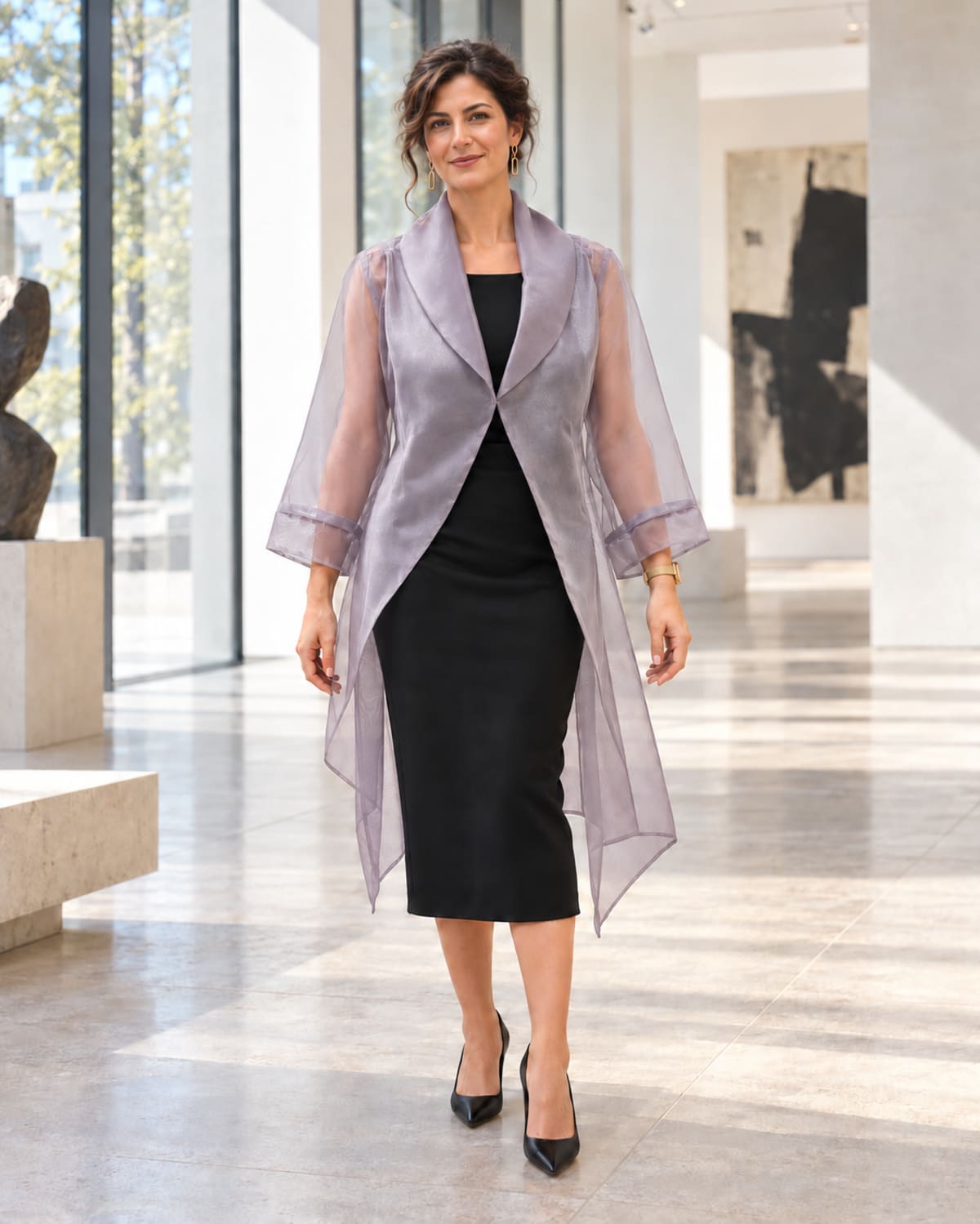 Veste longue en organza – col châle et manches transparentes