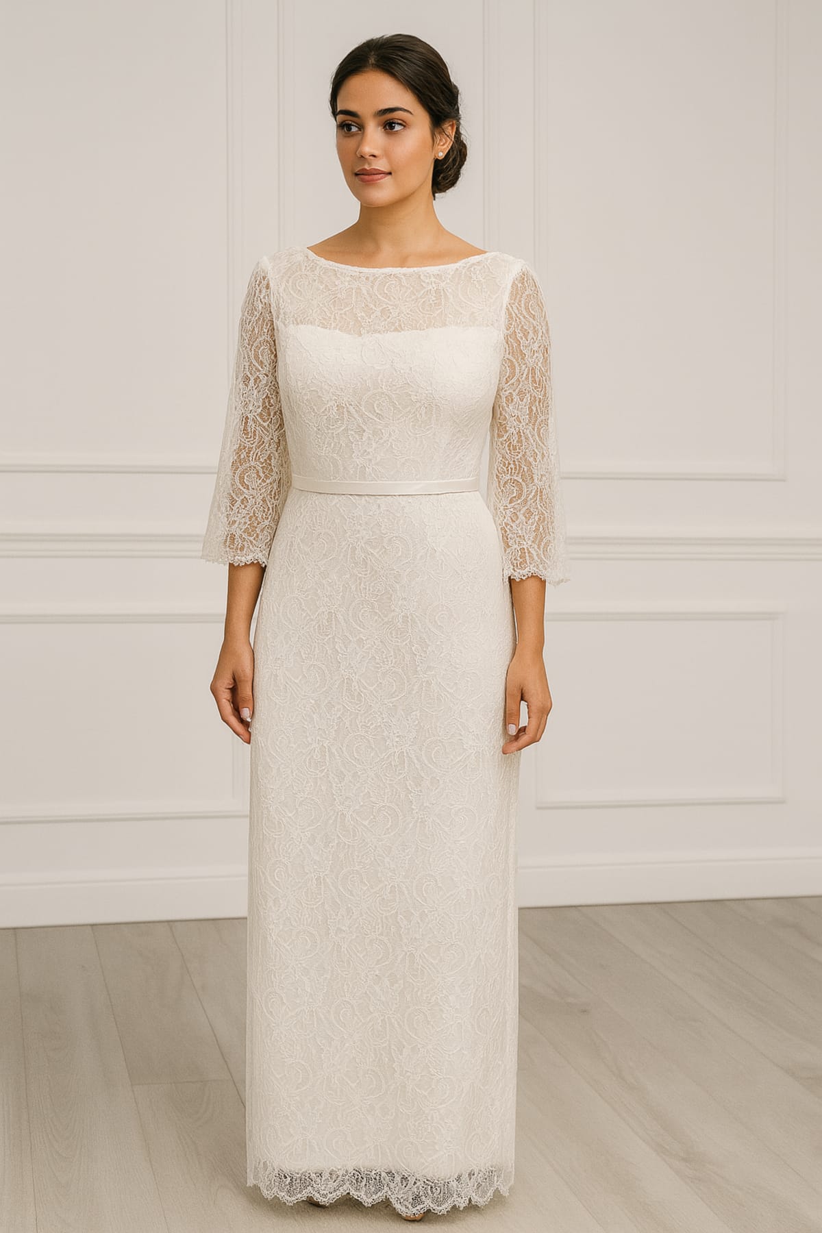 Antoinette — robe de mariée longue droite décolleté perlé manches 3/4 dentelle