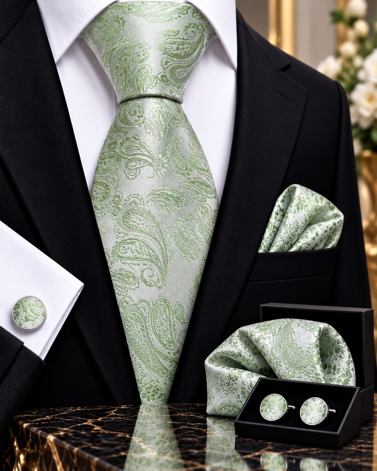 Ensemble cravate, pochette et boutons de manchette vert sauge a motifs cachemire