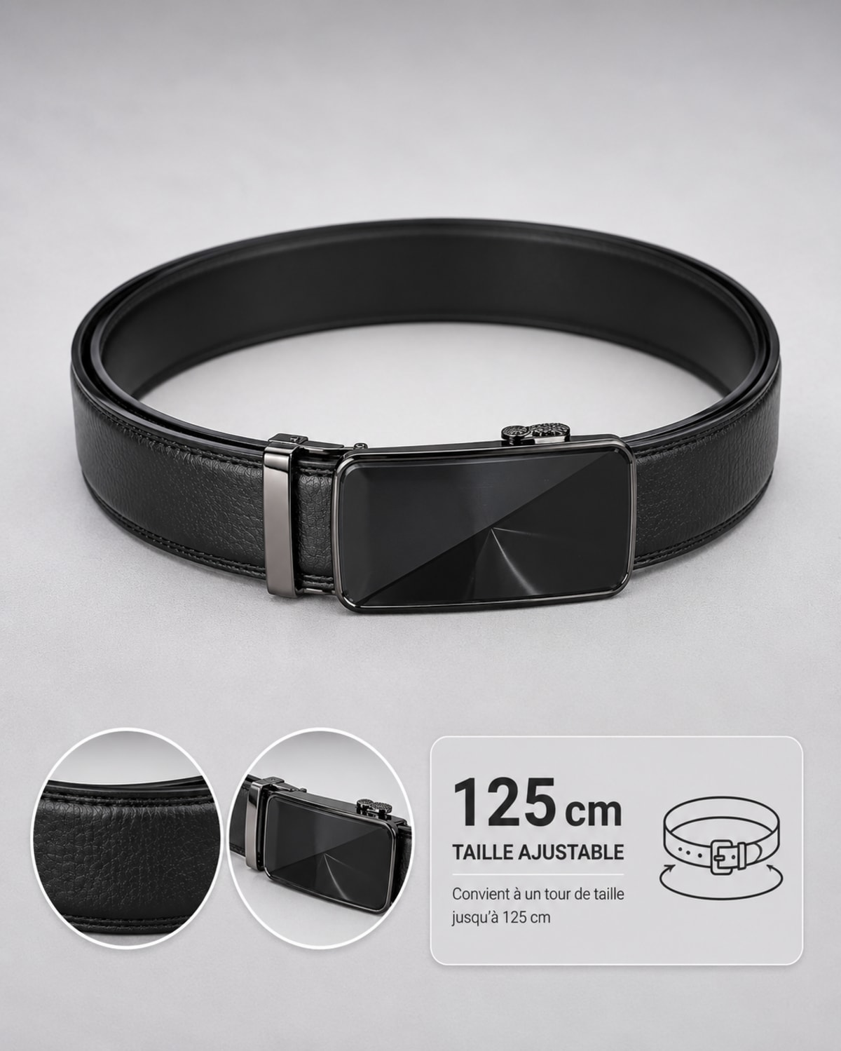 Ceinture homme noire ajustable boucle automatique rectangulaire en métal noir miroir