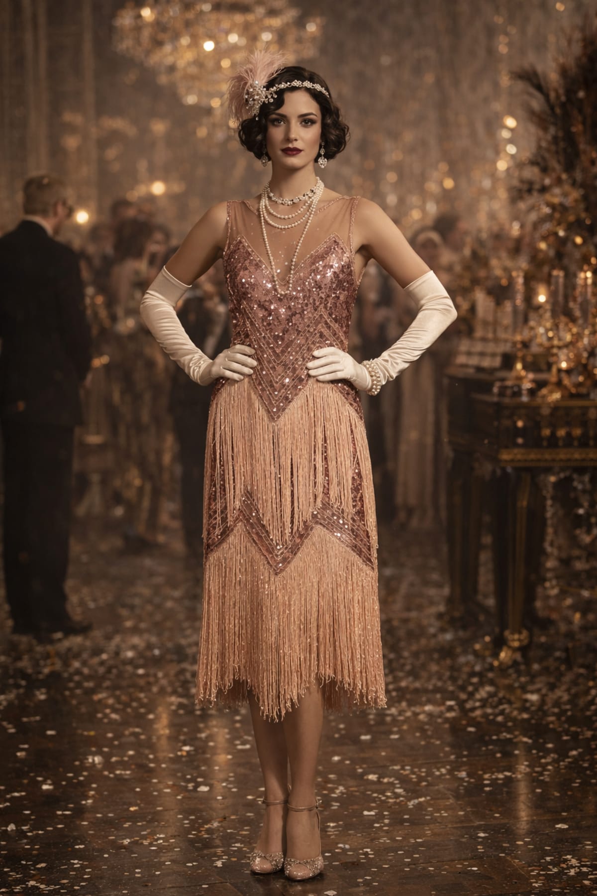 Suzanne — robe mi-longue tulle sequins franges décolleté transparent