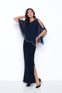 Aleyna — robe longue droite cape mousseline strass fente