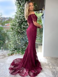 Maelie — robe longue sirène bustier épaules dénudées décolleté Bardot dentelle ceinture