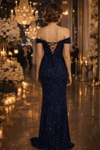 Larisa robe longue sequins bleu marine décolleté bateau plissé taille