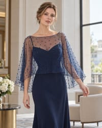 Cape courte en tulle bleu marine transparent ornée de perles