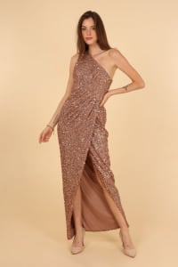 Gabrielle — robe 3/4 asymétrique drapé fendue sequins bronze