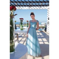 Angèle robe soirée longue tulle dentelle strass bleu ciel
