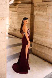Leni — robe longue sirène bustier strass corsage baleiné fente latérale