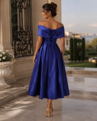 Cécilia — robe 3/4 bustier épaules dénudées plissé croisé laçage dos satin poches