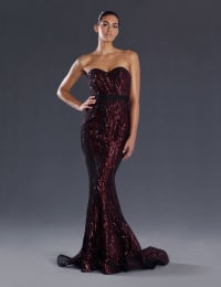 Shanna — robe longue bustier sequins rouge bordeaux