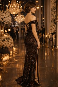 Larisa robe longue sequins bleu marine décolleté bateau plissé taille