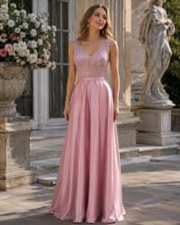 Ciara — robe longue satin fluide décolleté V paillettes perles