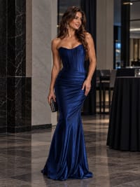 Natasha robe longue bustier fourreau corset baleines drapé taille satinée