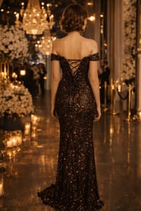 Larisa robe longue sequins bleu marine décolleté bateau plissé taille