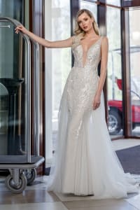 Rosa — robe de mariée longue sirène dentelle sequins traine amovible