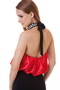 Monika — robe longue fourreau jupe droite noire haut satiné bleu royal dos nu