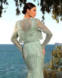 Natalia ensemble robe fourreau traine décolleté V perlé boléro manches longues