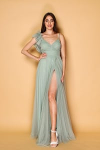 Yasmina — robe longue tulle décolleté V plissé taille fines bretelles