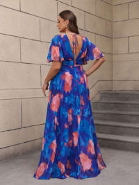 Néssa - Robe de cérémonie longue imprimée à manches papillon
