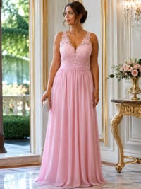 Douce — robe longue fluide décolleté V dentelle strass ceinture drapée