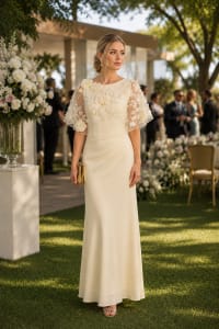 Mickaela — robe longue fluide empiècement tulle applications florales