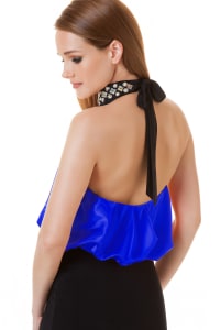 Monika — robe longue fourreau jupe droite noire haut satiné bleu royal dos nu